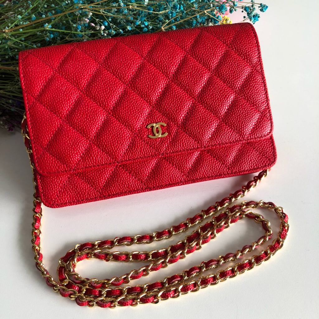 Chanel AP0250 Classic Wallet on Chain A33814 Calfskin Red Gold
