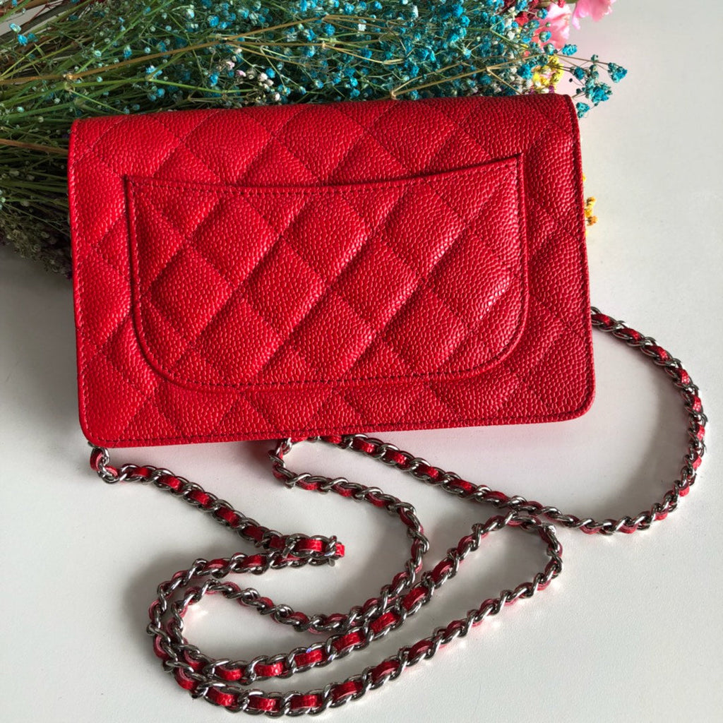 Chanel AP0250 Classic Wallet on Chain A33814 Calfskin Red Silver