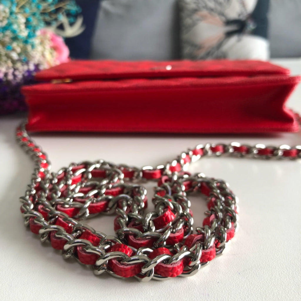 Chanel AP0250 Classic Wallet on Chain A33814 Calfskin Red Silver