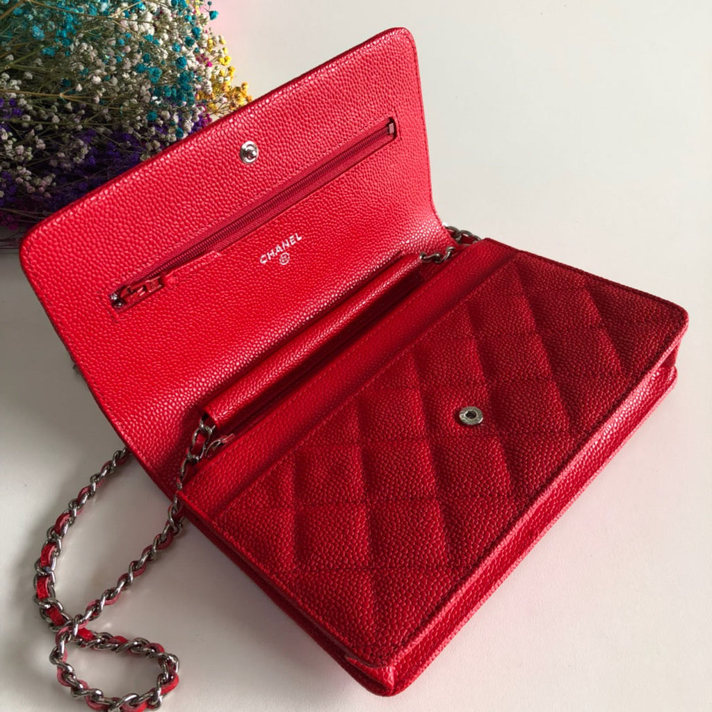 Chanel AP0250 Classic Wallet on Chain A33814 Calfskin Red Silver