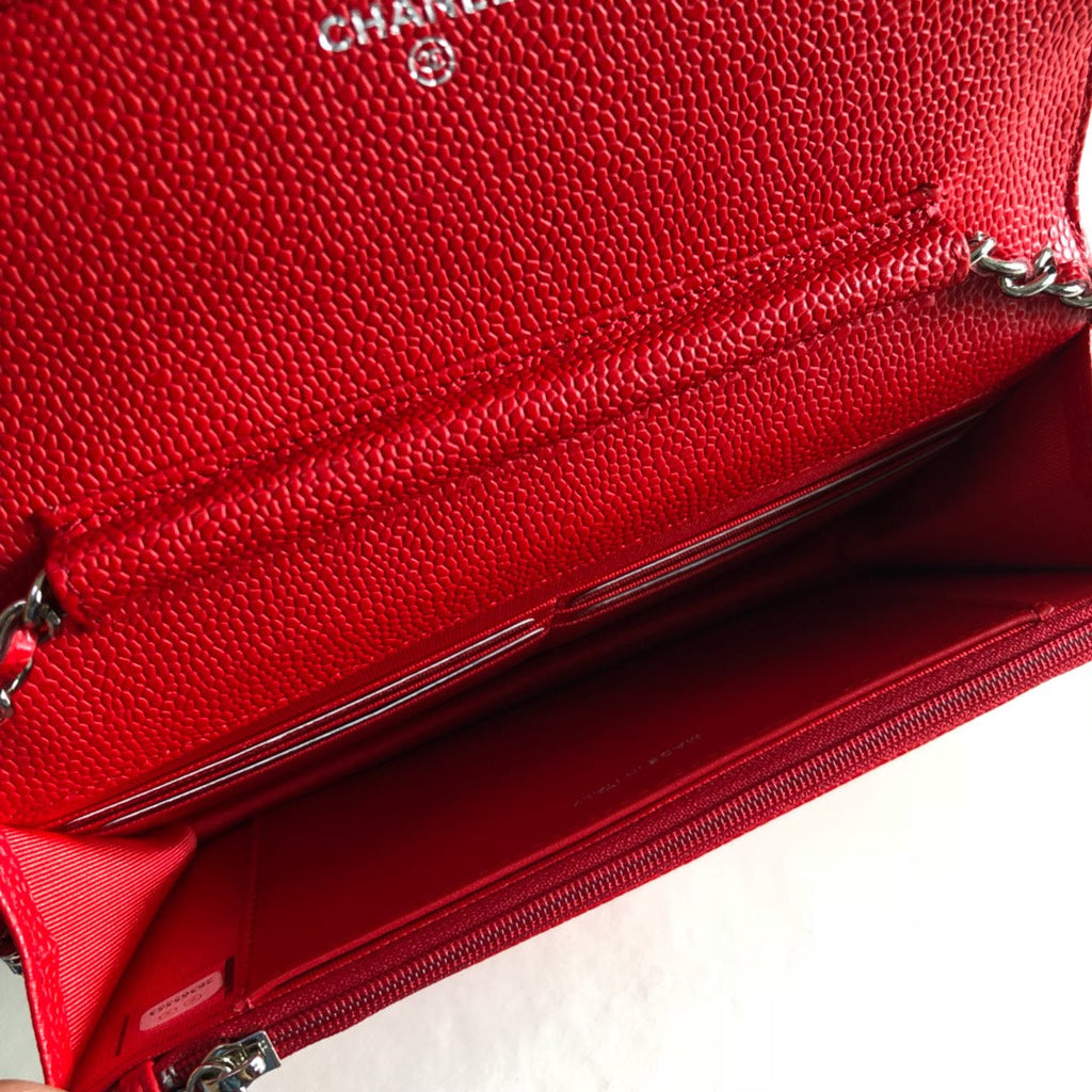 Chanel AP0250 Classic Wallet on Chain A33814 Calfskin Red Silver