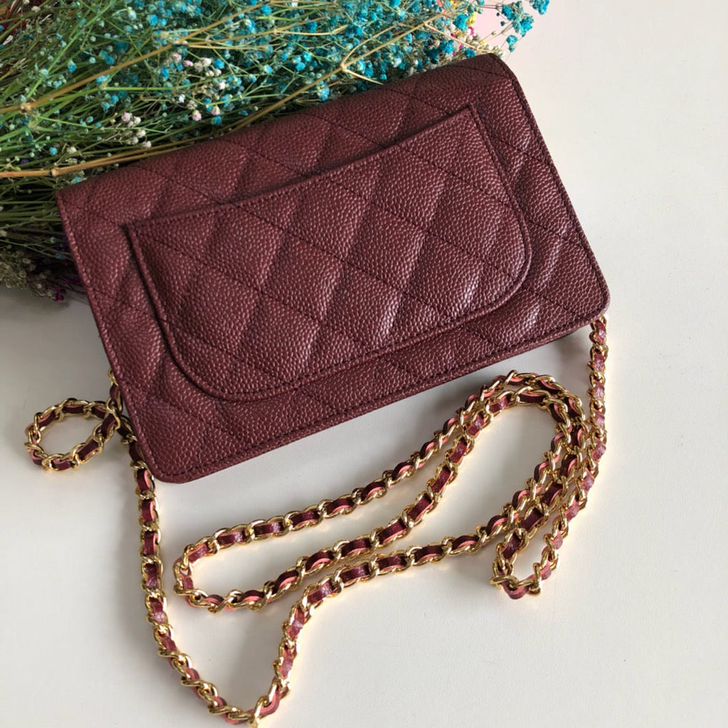 Chanel AP0250 Classic Wallet on Chain A33814 Calfskin Wine Red Gold