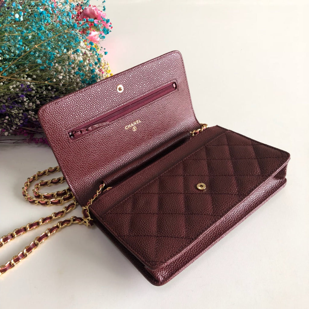 Chanel AP0250 Classic Wallet on Chain A33814 Calfskin Wine Red Gold