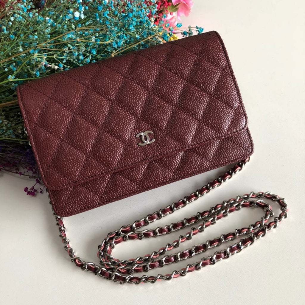 Chanel AP0250 Classic Wallet on Chain A33814 Calfskin Wine Red Silver