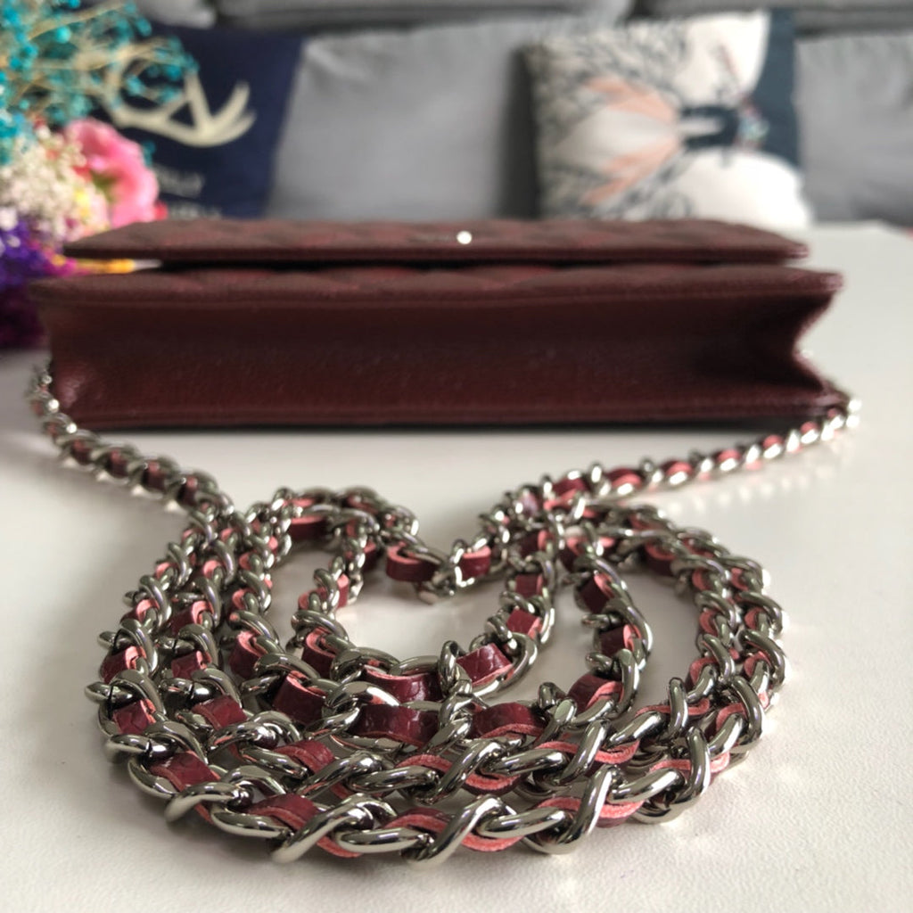 Chanel AP0250 Classic Wallet on Chain A33814 Calfskin Wine Red Silver
