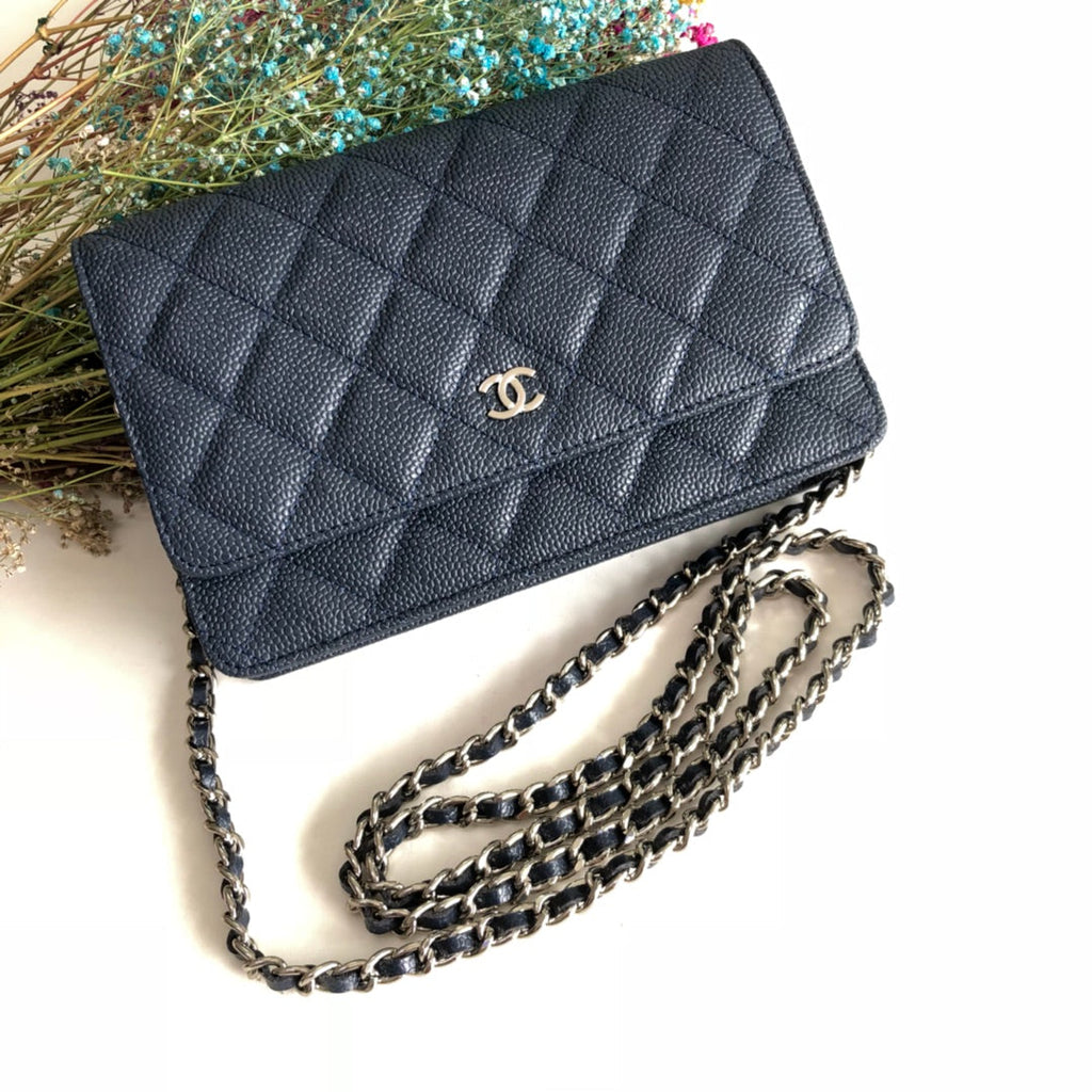 Chanel AP0250 Classic Wallet on Chain A33814 Calfskin Navy Blue Silver