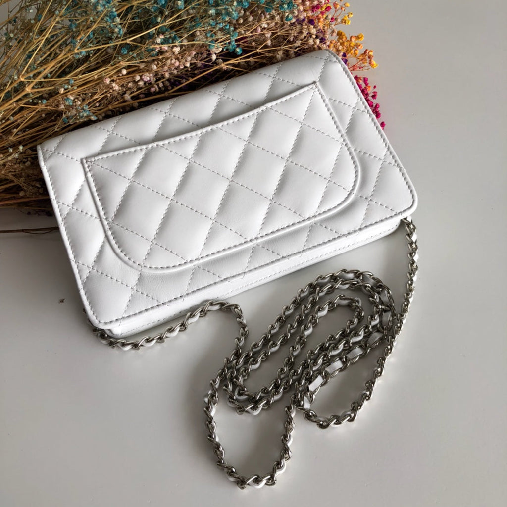 Chanel AP0250 Classic Wallet on Chain A33814 Lambskin White Silver
