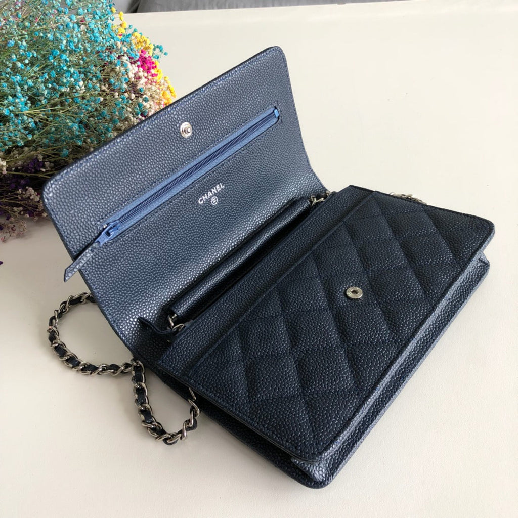 Chanel AP0250 Classic Wallet on Chain A33814 Calfskin Navy Blue Silver