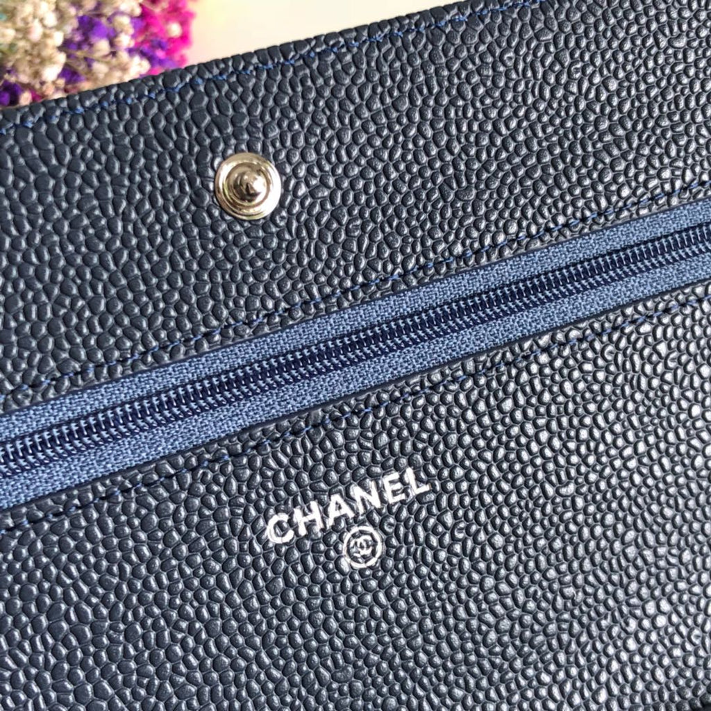 Chanel AP0250 Classic Wallet on Chain A33814 Calfskin Navy Blue Silver