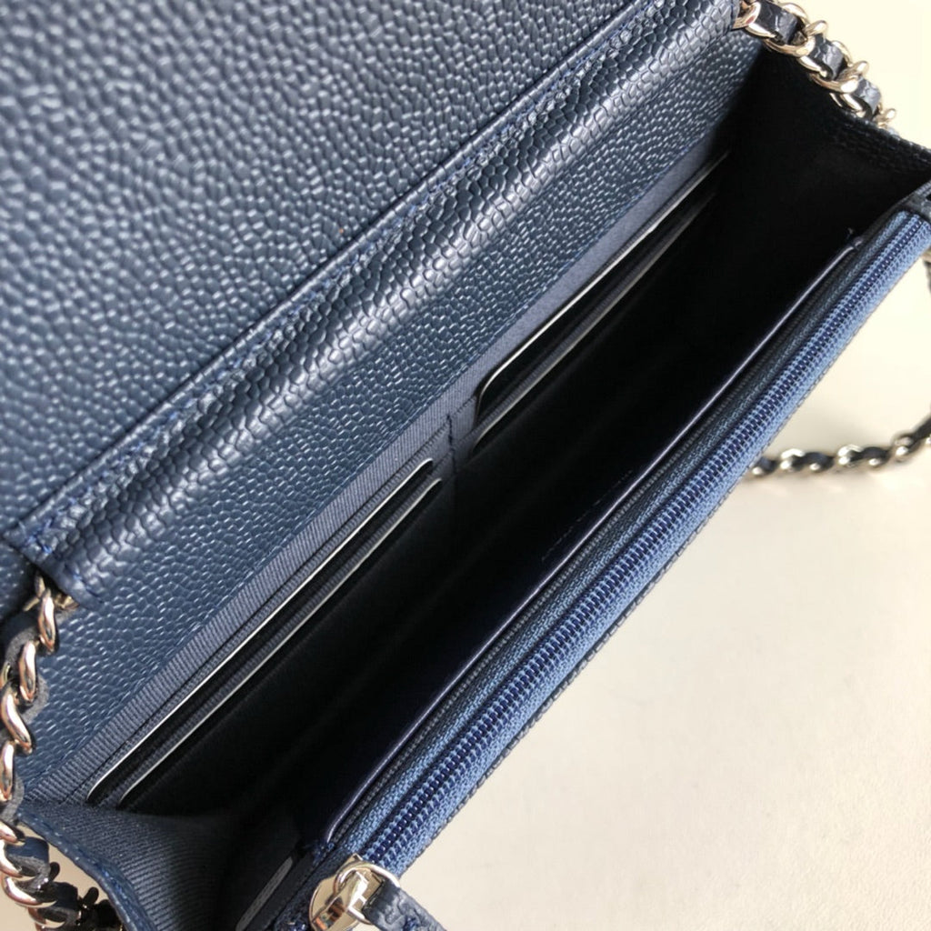 Chanel AP0250 Classic Wallet on Chain A33814 Calfskin Navy Blue Silver