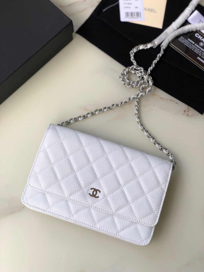 Chanel AP0250 Classic Wallet on Chain A33814 Calfskin White Silver