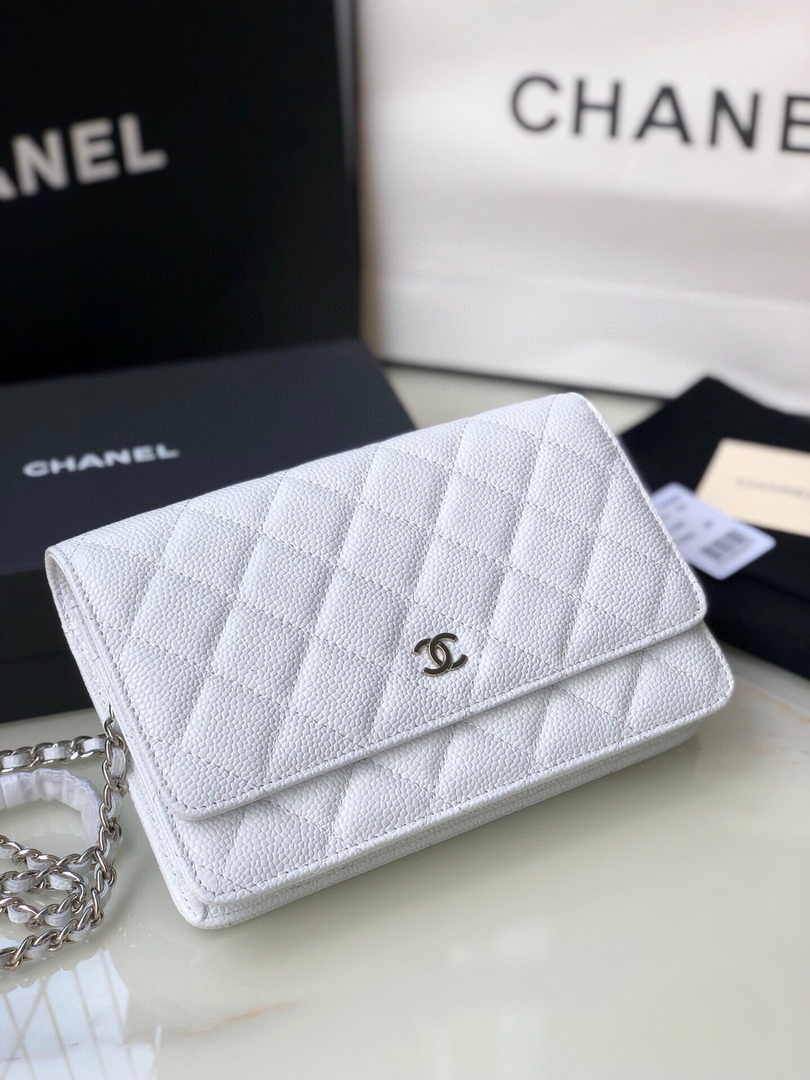 Chanel AP0250 Classic Wallet on Chain A33814 Calfskin White Silver
