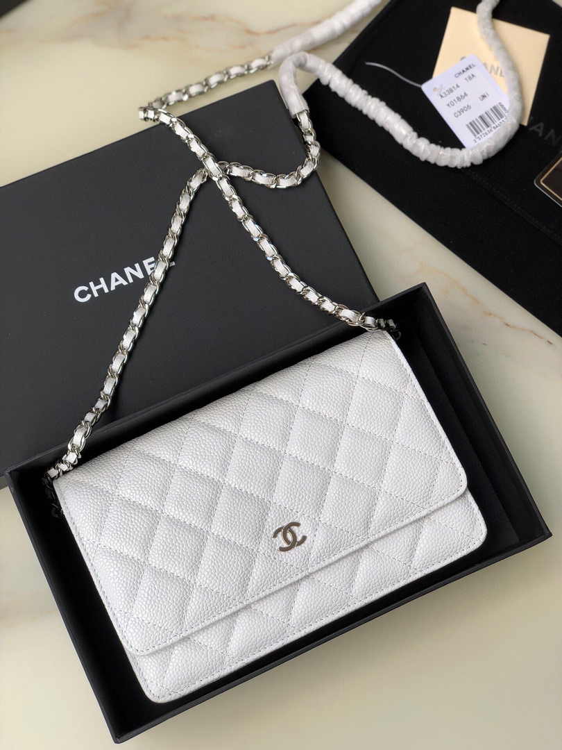 Chanel AP0250 Classic Wallet on Chain A33814 Calfskin White Silver