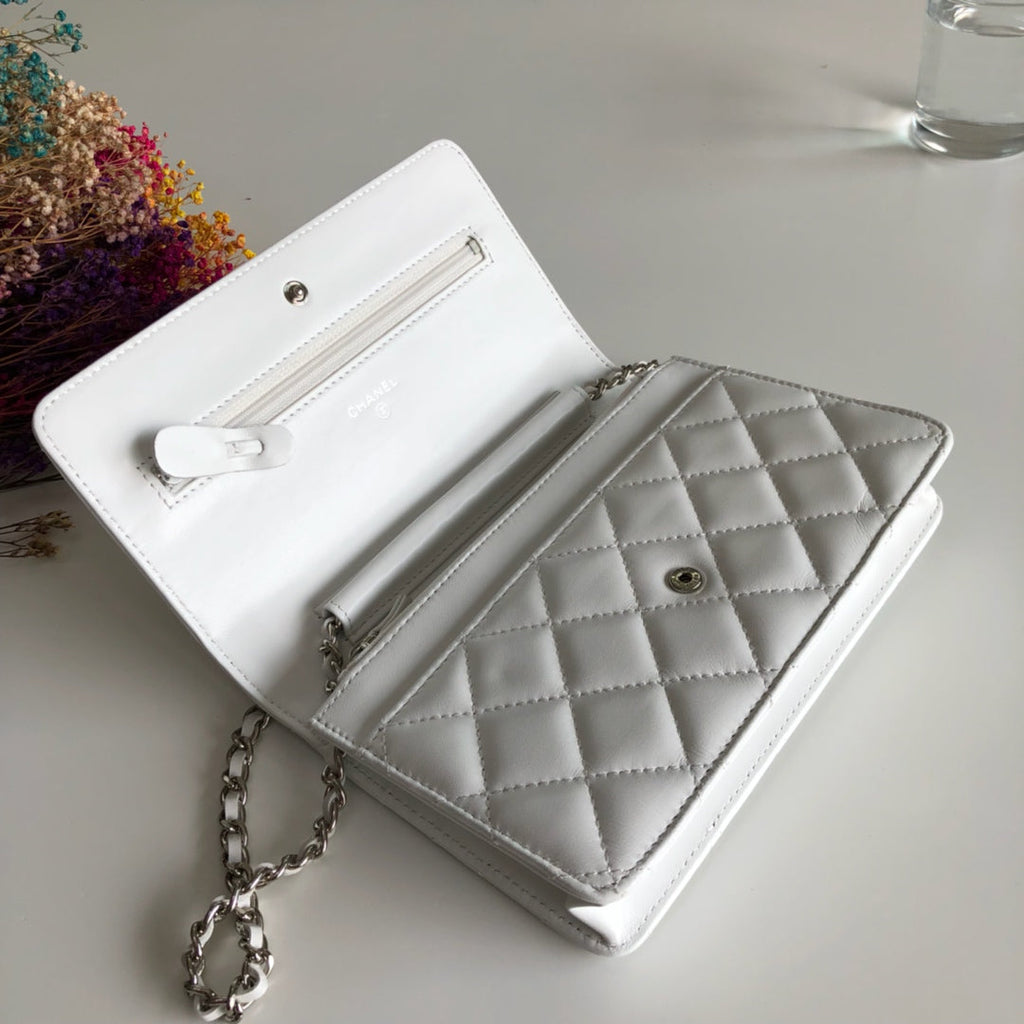Chanel AP0250 Classic Wallet on Chain A33814 Lambskin White Silver
