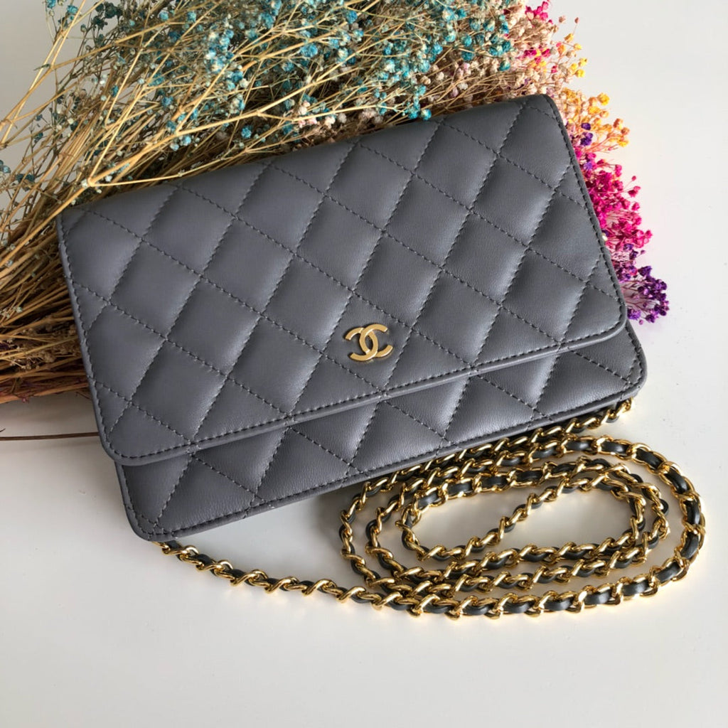 Chanel AP0250 Classic Wallet on Chain A33814 Lambskin Gray Gold