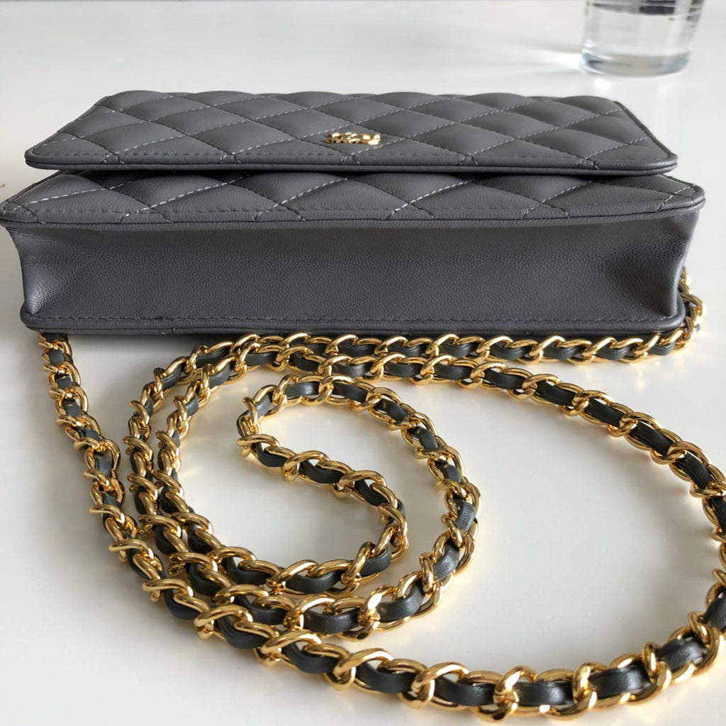 Chanel AP0250 Classic Wallet on Chain A33814 Lambskin Gray Gold