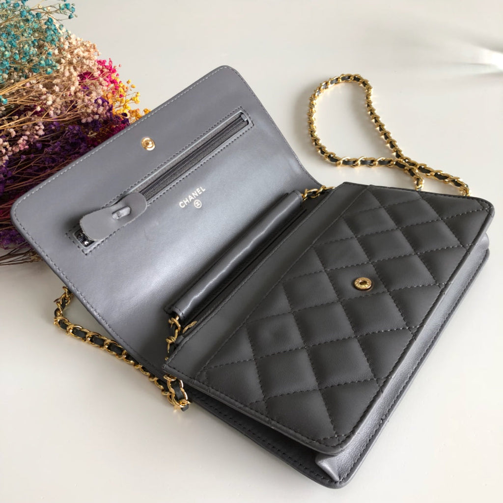 Chanel AP0250 Classic Wallet on Chain A33814 Lambskin Gray Gold