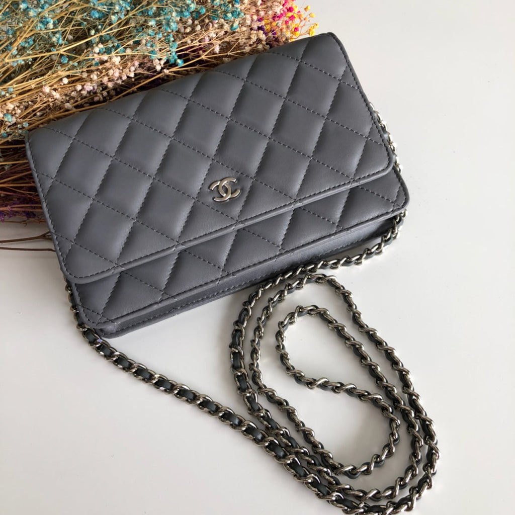 Chanel AP0250 Classic Wallet on Chain A33814 Lambskin Gray Silver