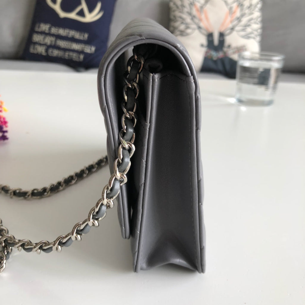 Chanel AP0250 Classic Wallet on Chain A33814 Lambskin Gray Silver