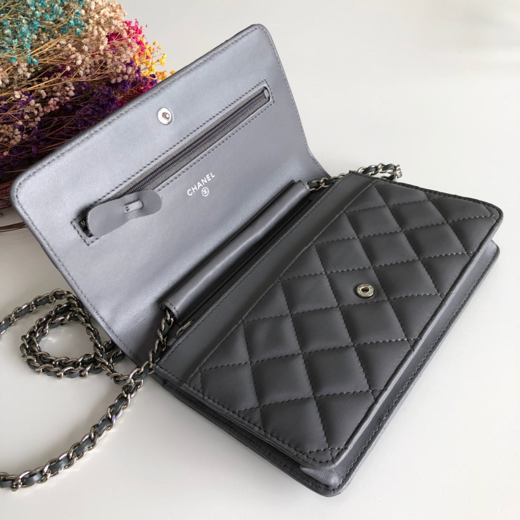Chanel AP0250 Classic Wallet on Chain A33814 Lambskin Gray Silver