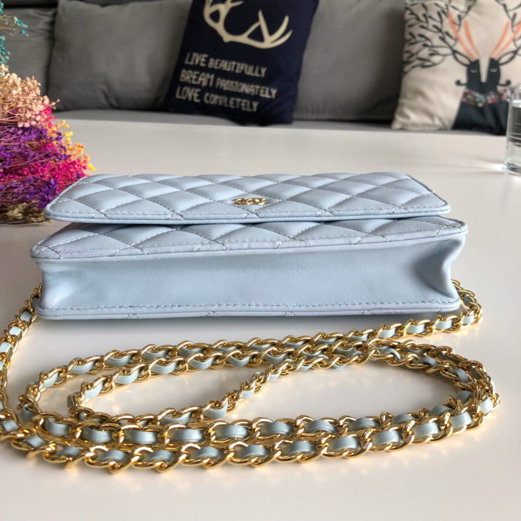 Chanel AP0250 Classic Wallet on Chain A33814 Lambskin Blue Gold