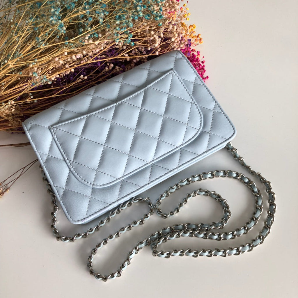 Chanel AP0250 Classic Wallet on Chain A33814 Lambskin Blue Silver