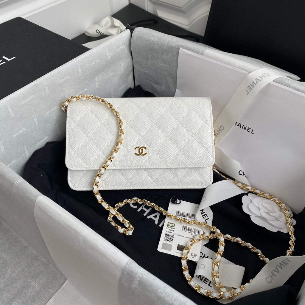 Chanel AP0250 Classic Wallet on Chain A33814 Grained Calfskin White