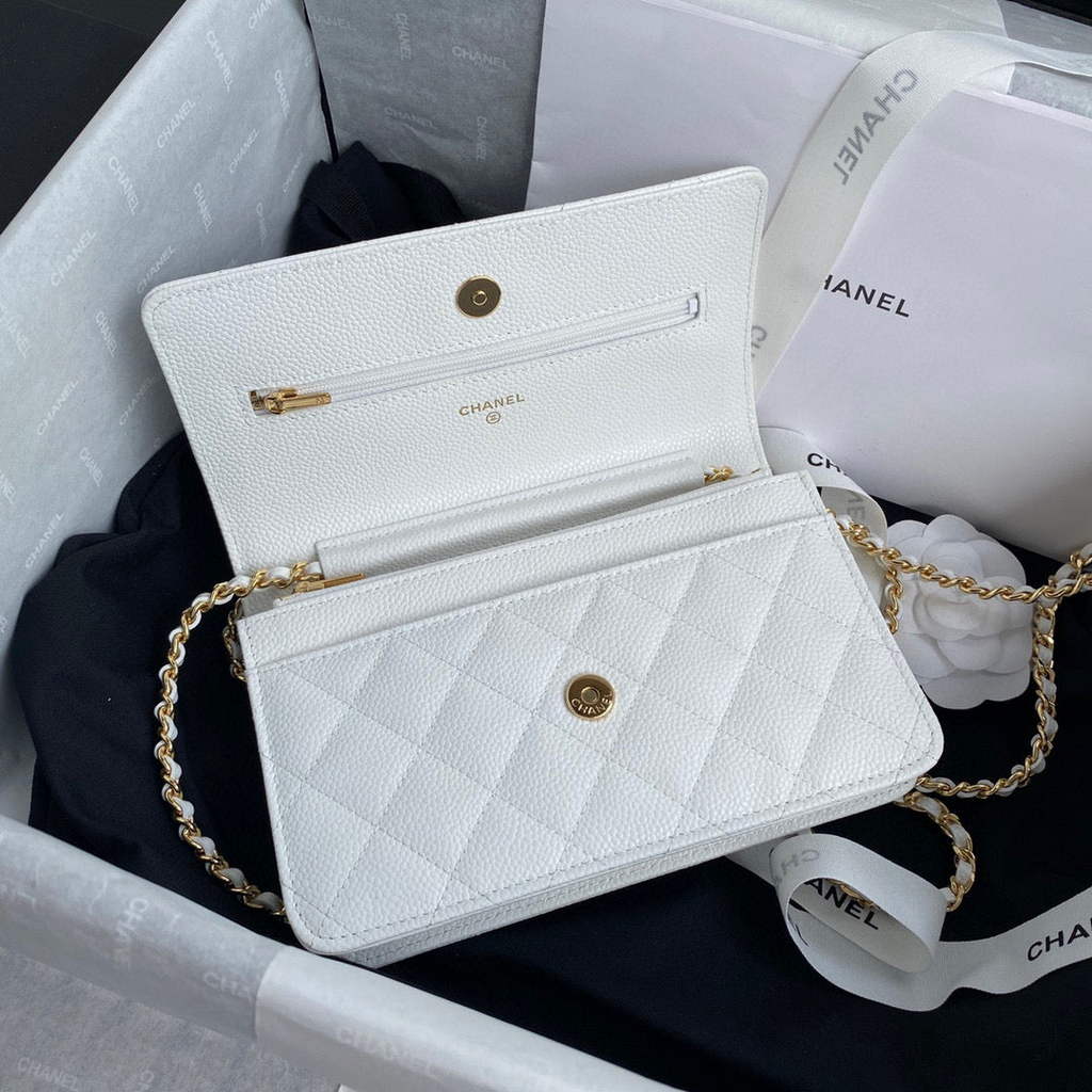 Chanel AP0250 Classic Wallet on Chain A33814 Grained Calfskin White