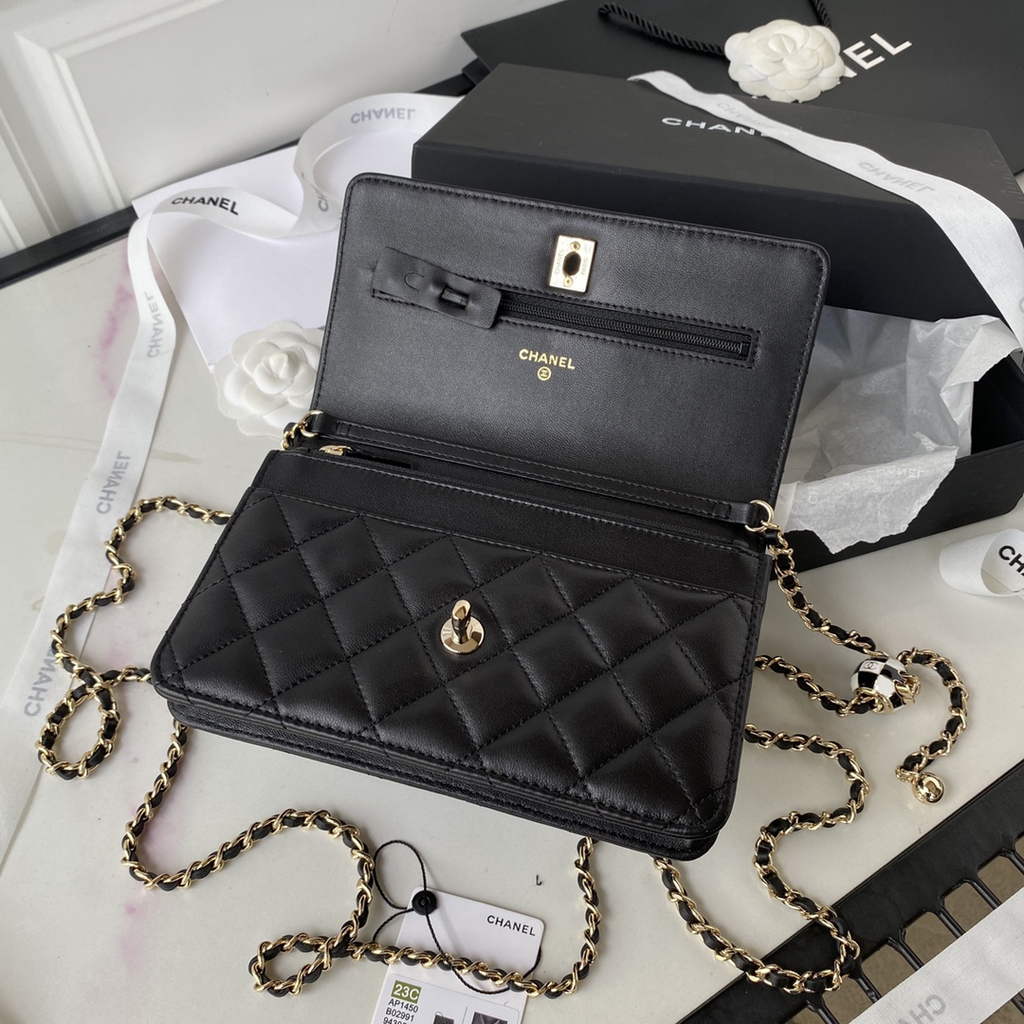 Chanel AP1450 Wallet On Chain Lambskin Enamel gold-tone metal Black
