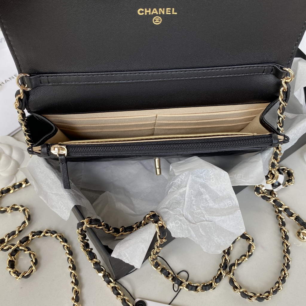 Chanel AP1450 Wallet On Chain Lambskin Enamel gold-tone metal Black