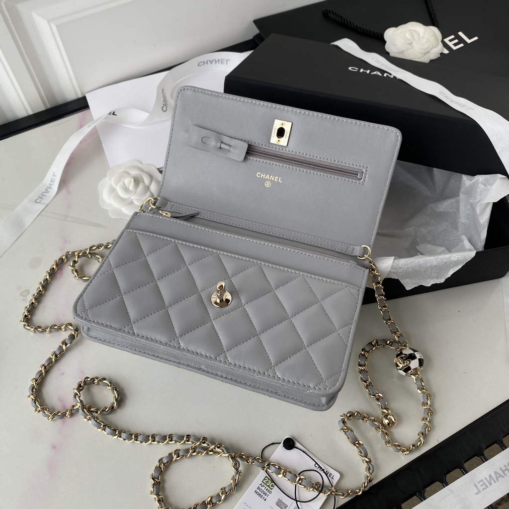 Chanel AP1450 Wallet On Chain Lambskin Enamel gold-tone metal Gray