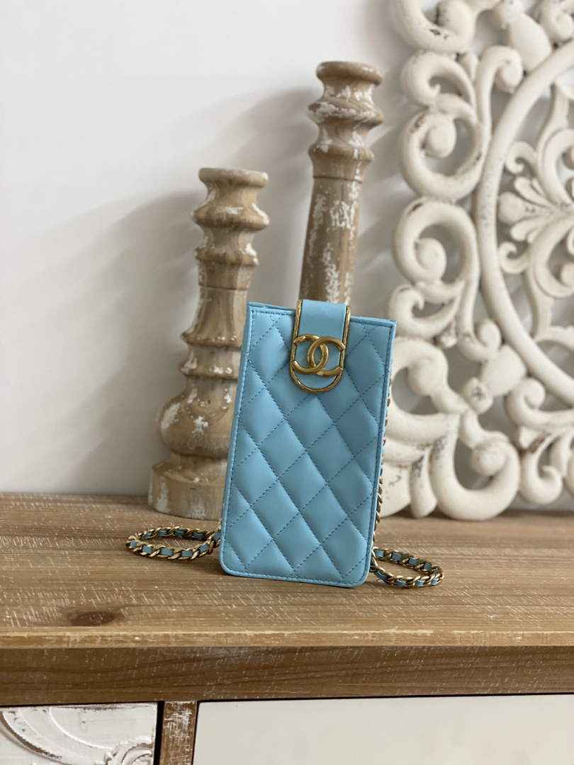 Chanel AP2981 Phone Holder with Chain Lambskin Blue