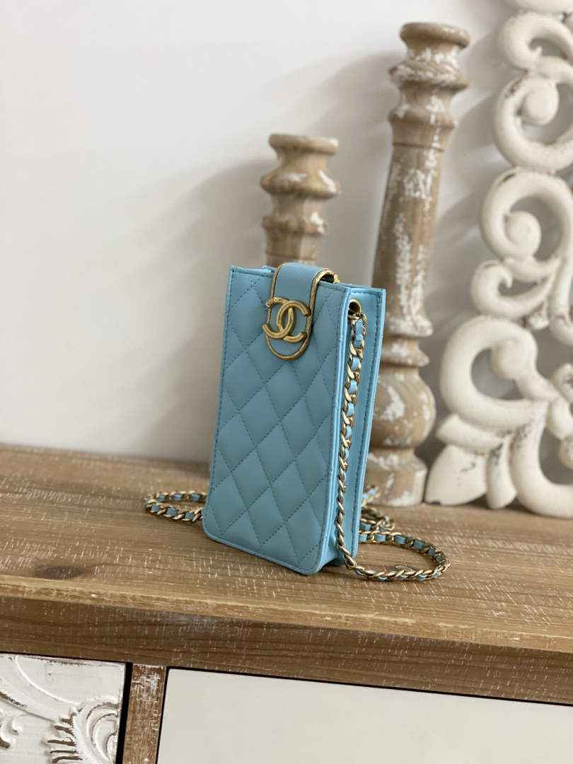 Chanel AP2981 Phone Holder with Chain Lambskin Blue