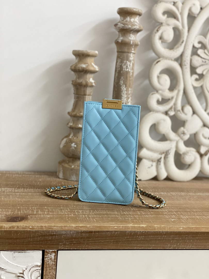 Chanel AP2981 Phone Holder with Chain Lambskin Blue