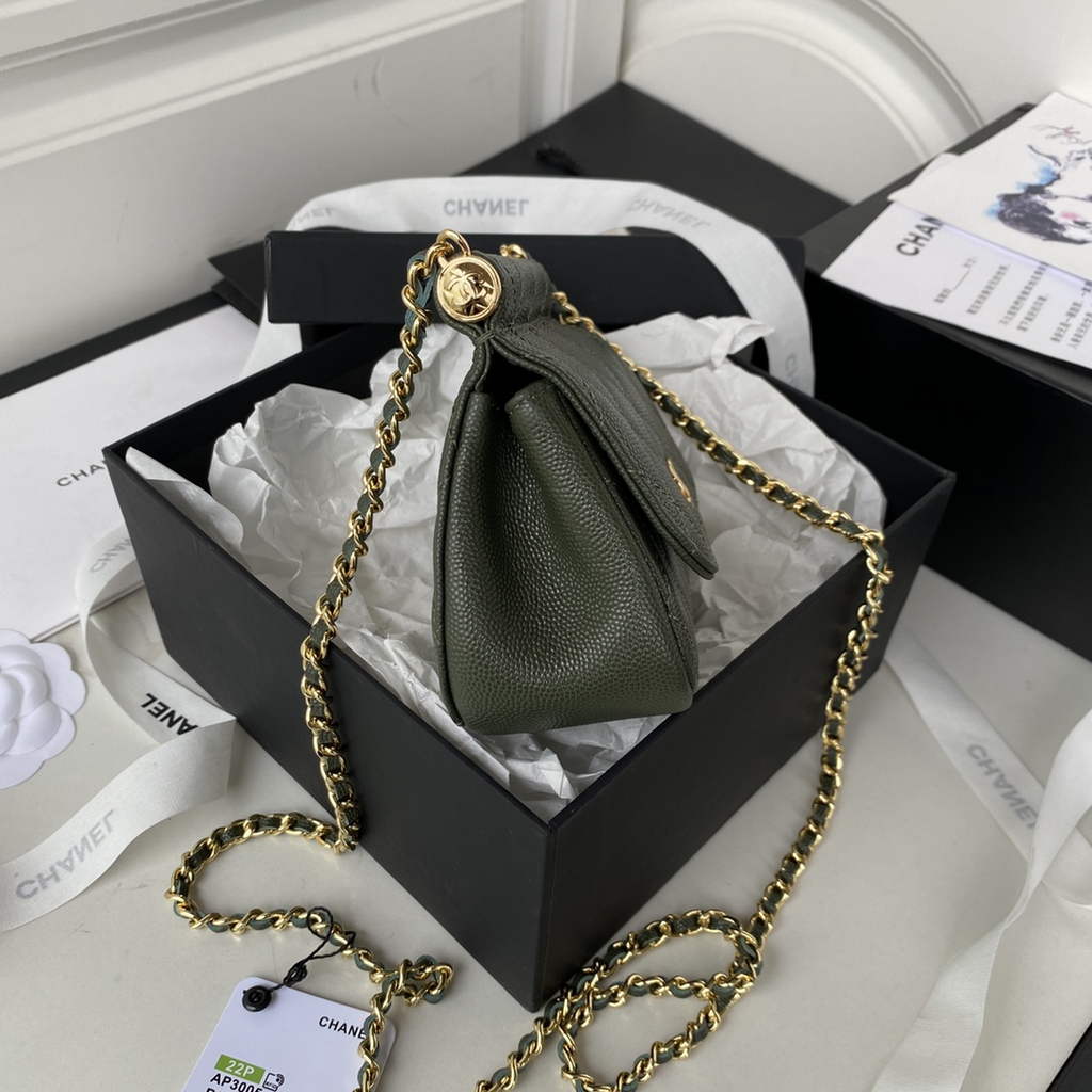 Chanel AP3005 Clutch with Chain Grained Calfskin Gold Green