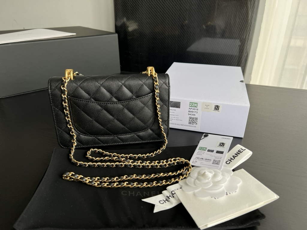 Chanel AP3019 Wallet on Chain Grained Calfskin Gold Black