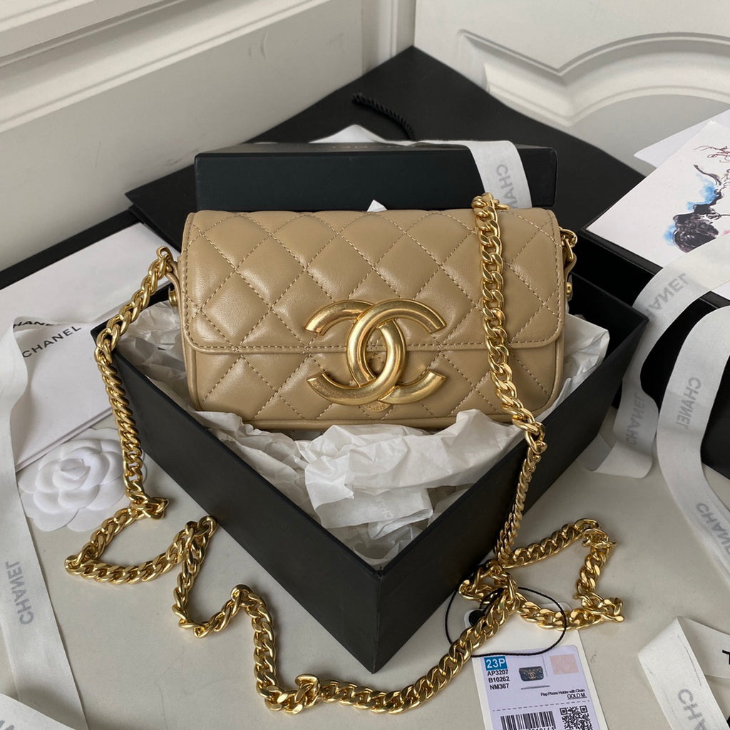 Chanel AP3207 Flap Phone Holder with Chain Lambskin Apricot