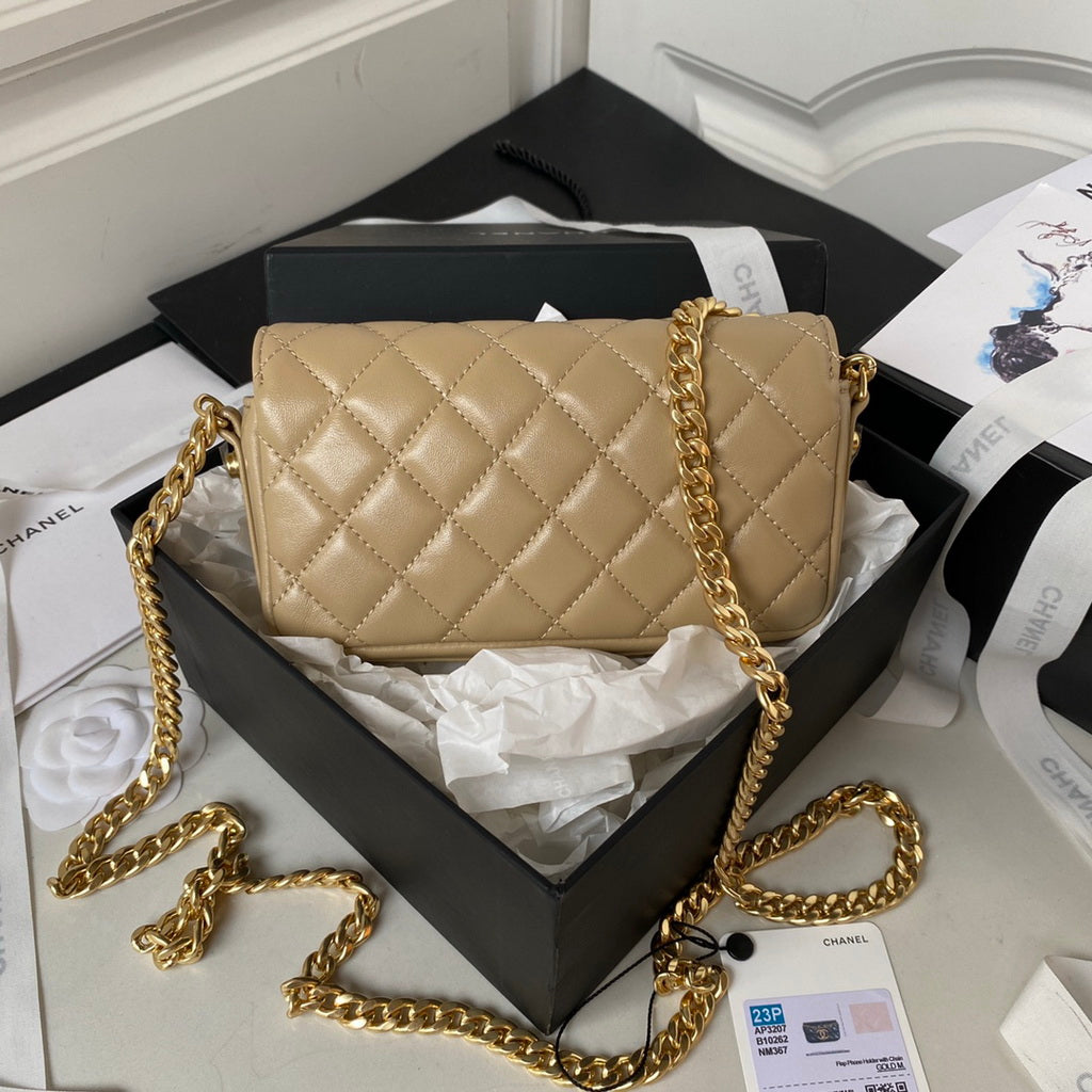 Chanel AP3207 Flap Phone Holder with Chain Lambskin Apricot