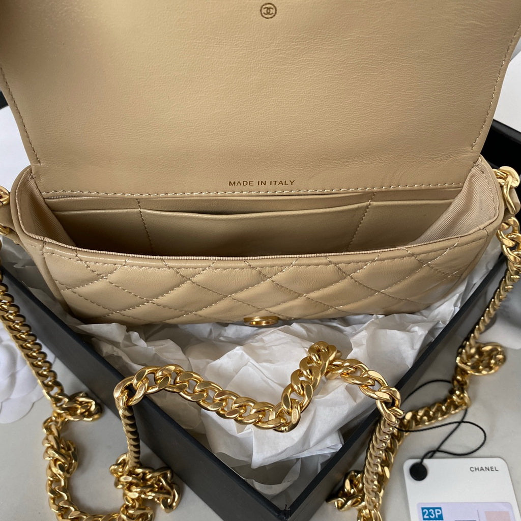 Chanel AP3207 Flap Phone Holder with Chain Lambskin Apricot