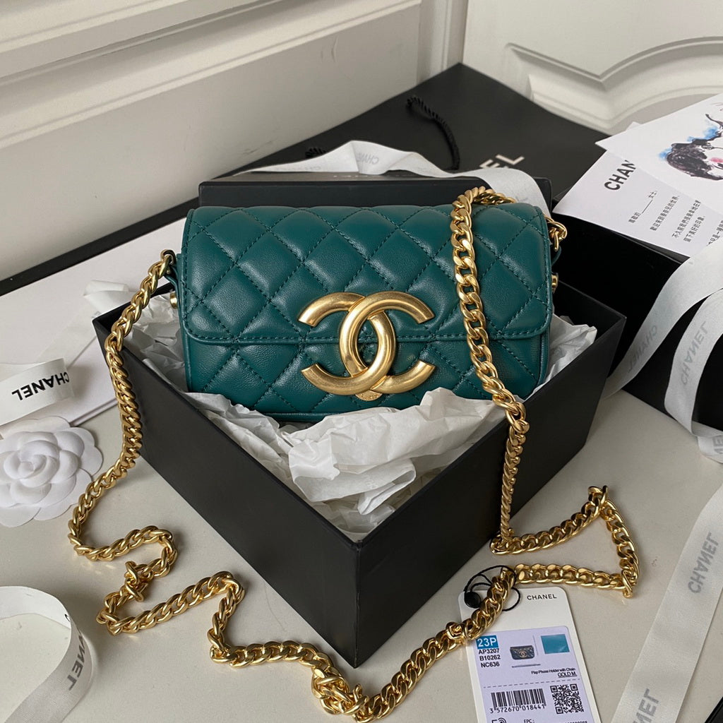 Chanel AP3207 Flap Phone Holder with Chain Lambskin Green