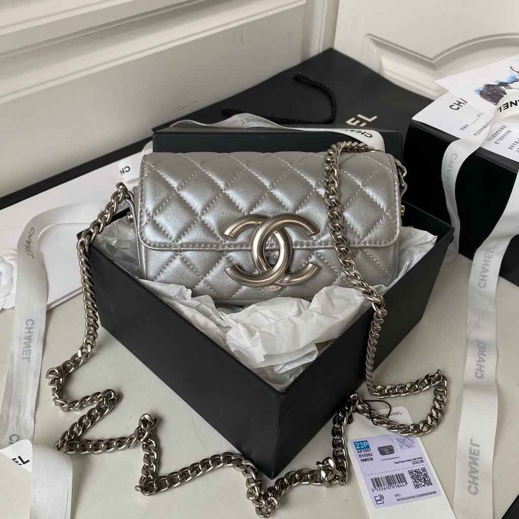 Chanel AP3207 Flap Phone Holder with Chain Lambskin Silver