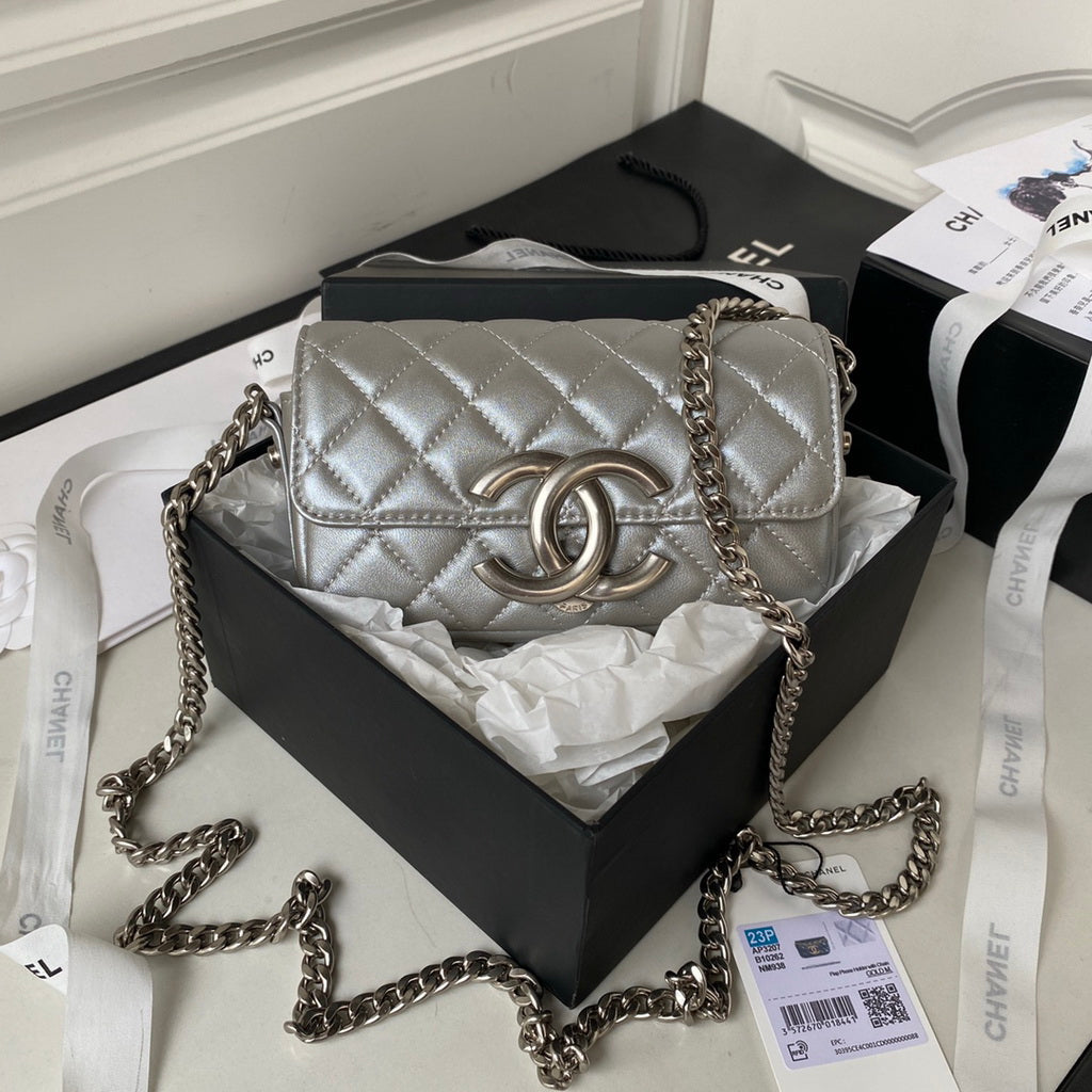 Chanel AP3207 Flap Phone Holder with Chain Lambskin Silver