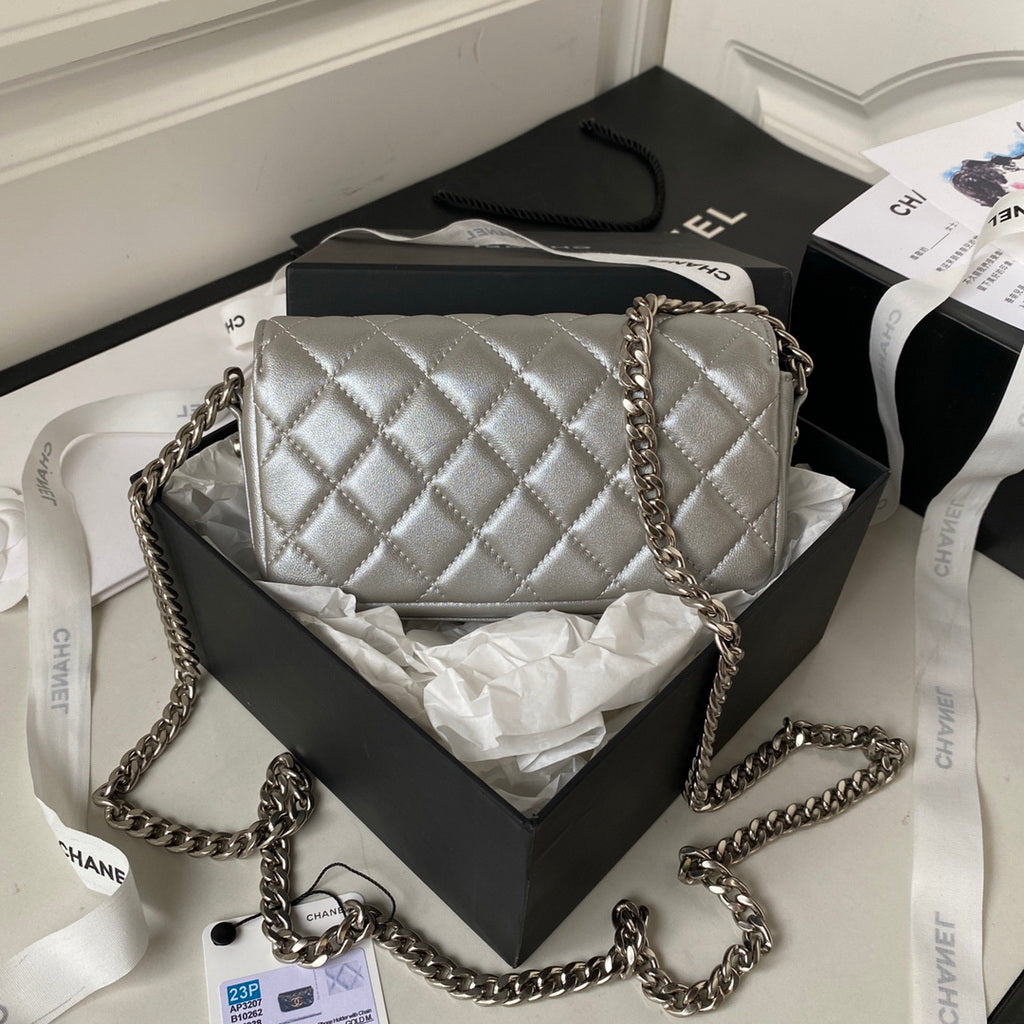 Chanel AP3207 Flap Phone Holder with Chain Lambskin Silver