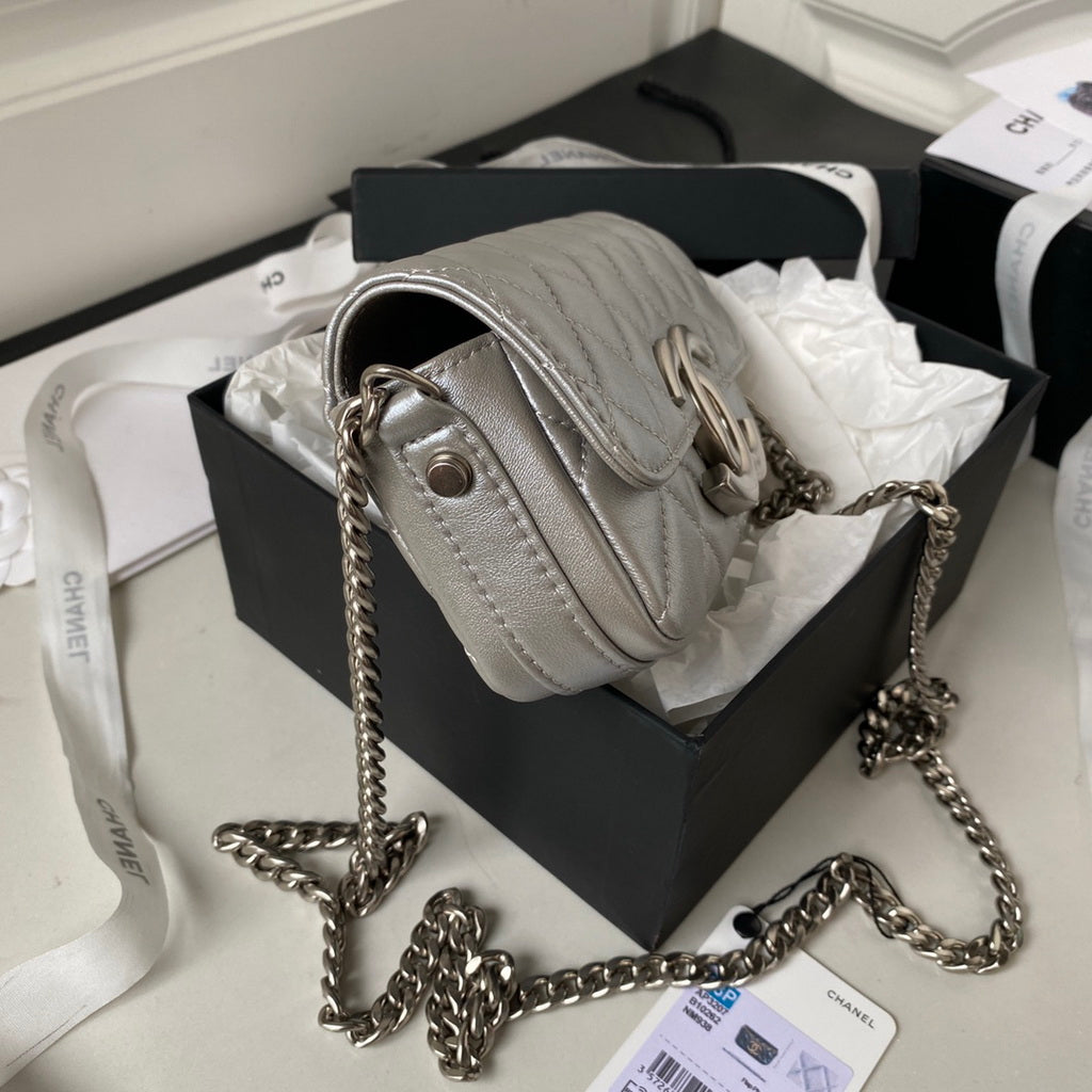 Chanel AP3207 Flap Phone Holder with Chain Lambskin Silver