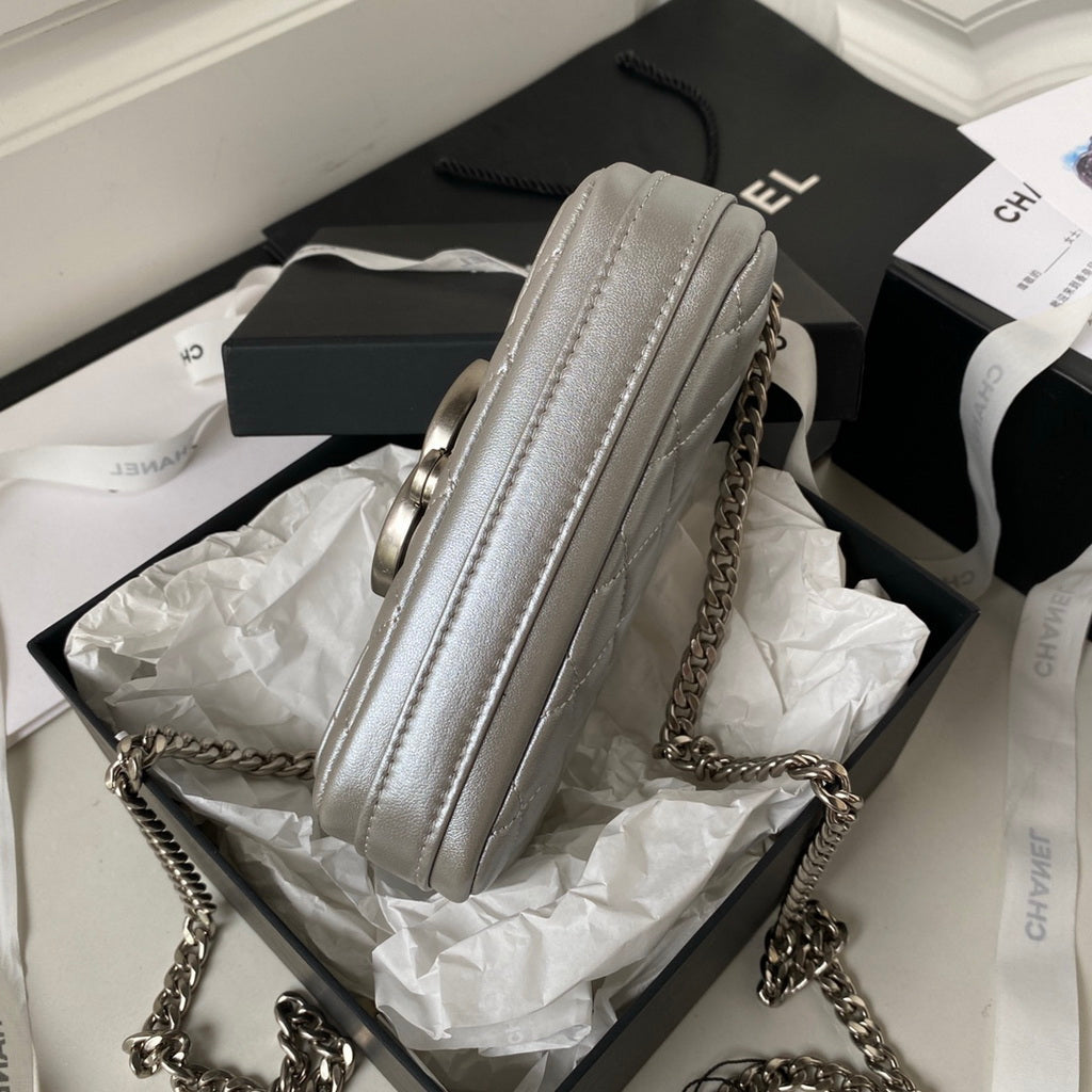 Chanel AP3207 Flap Phone Holder with Chain Lambskin Silver