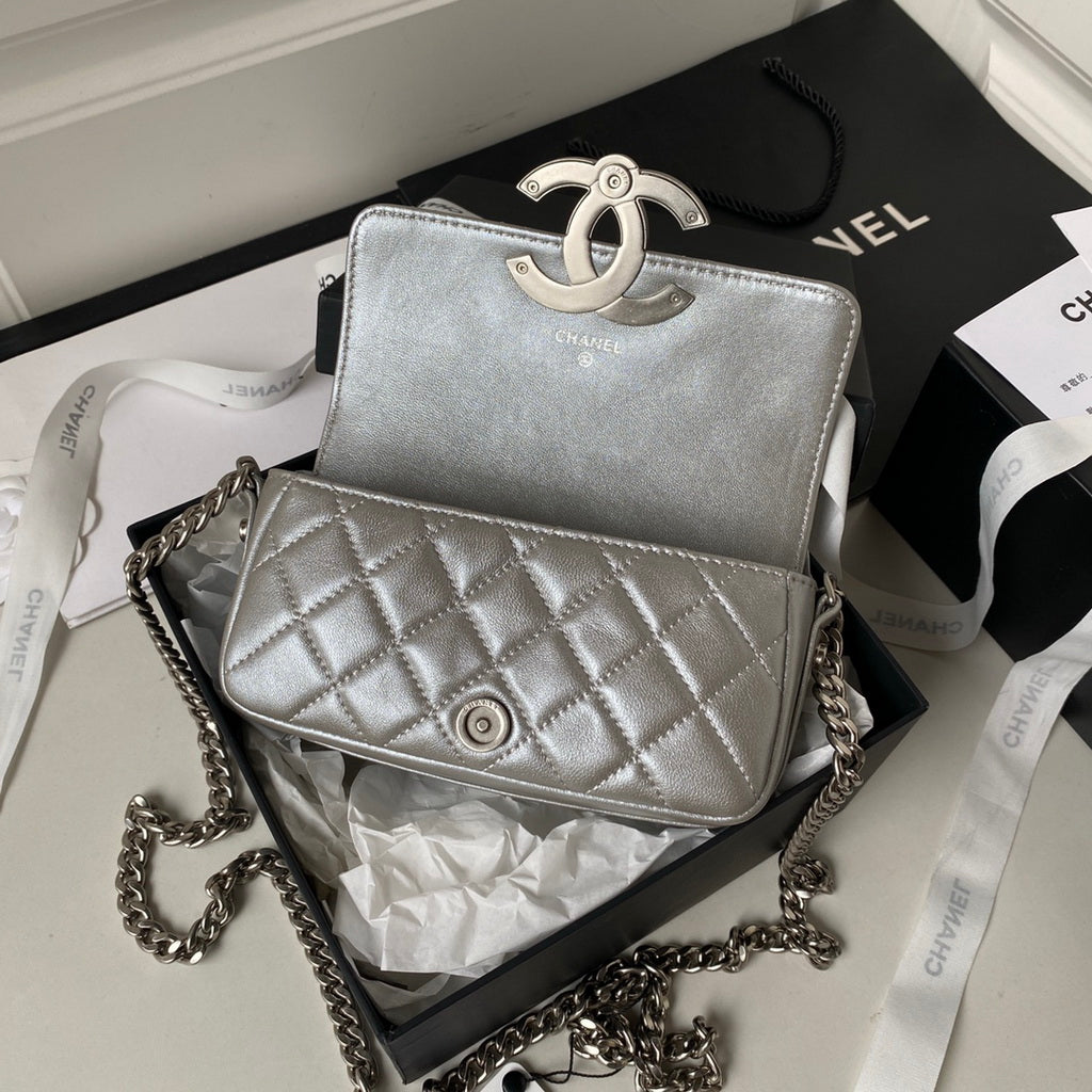 Chanel AP3207 Flap Phone Holder with Chain Lambskin Silver