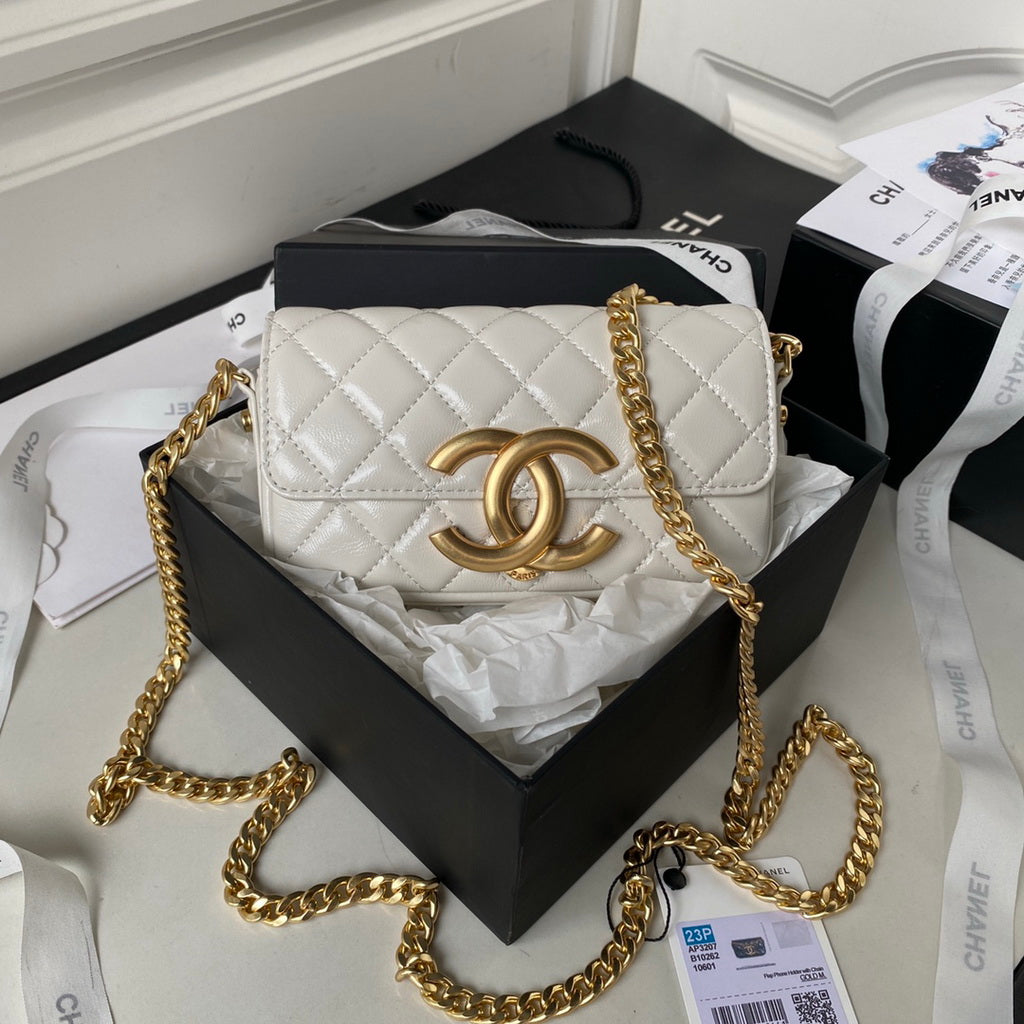 Chanel AP3207 Flap Phone Holder with Chain Lambskin White