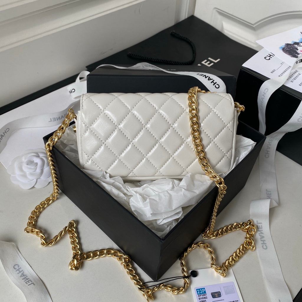 Chanel AP3207 Flap Phone Holder with Chain Lambskin White