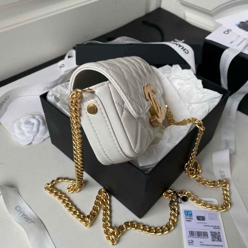 Chanel AP3207 Flap Phone Holder with Chain Lambskin White