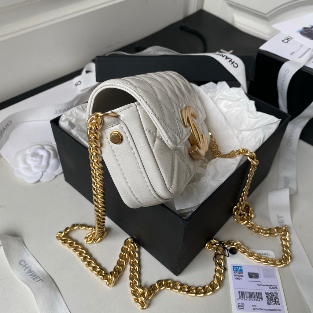 Chanel AP3207 Flap Phone Holder with Chain Lambskin White